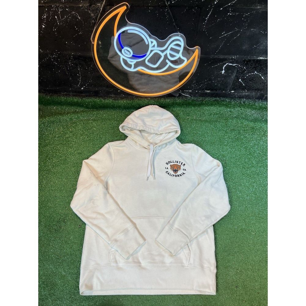 Hollister California Embroidered Tiger Hoodie Sweatshirt Off-White Mens Size MD